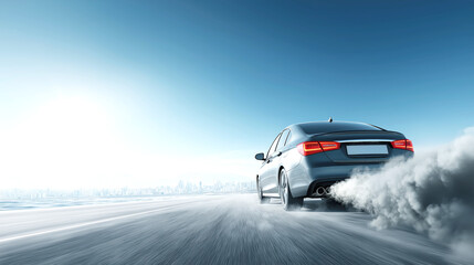 Fototapeta premium Car Emitting Smoke on Highway with City Skyline in Distance 