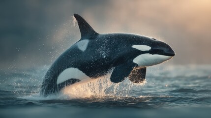 Fototapeta premium A majestic orca leaps from the water, creating a splash against a serene backdrop, showcasing its strength and beauty in the ocean.