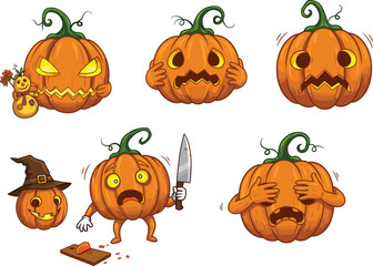Funny Halloween pumpkin illustrations with different emotions, scary faces, holding knife, witch hat, spooky decorations, autumn holiday, cartoon pumpkins.
