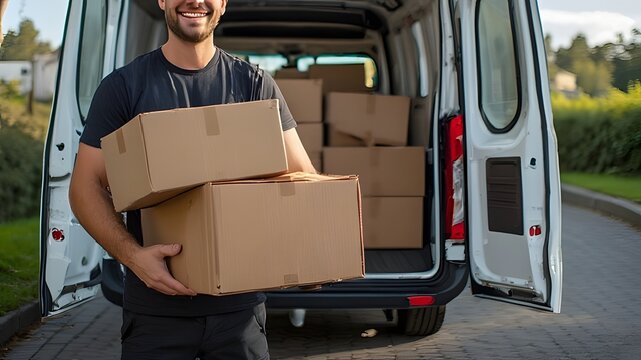 Smiling delivery man carrying boxes from a white van, ready for efficient package distribution and customer satisfaction.