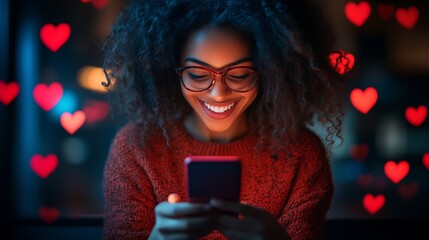 Woman Holding Phone at Night (Red Heart-Shaped Light Spots Background, Warm Atmosphere Showing Joy)