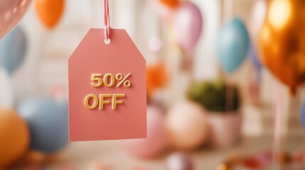 Brightly colored balloons and a discount tag hang in a festive setting