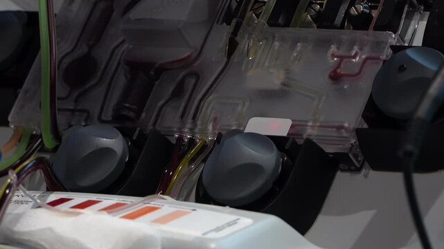Slow Motion Close Up of Apheresis Machine Spinning Mechanisms and Pulsating Lines. Blood donation machine in operation. Shown in slow motion for plasma, platelet, and stem cell donation.