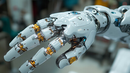 Detailed Robotic Hand with Gold Accents Against Blurred Industrial Background