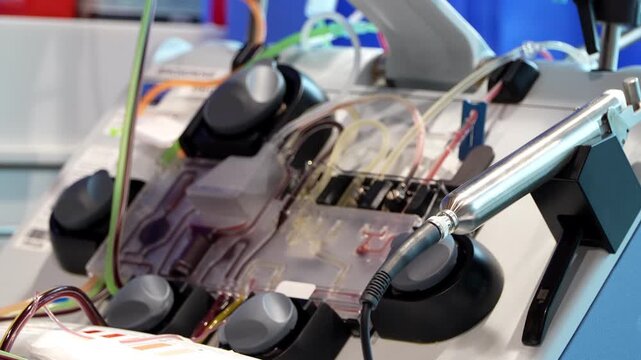 Apheresis Machine Turning and Processing Blood in Medical Setting. machine seen from an angled view, turning and processing blood. The locked-off shot shows clinical equipment for cancer treatment 
