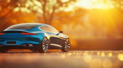 Sporty blue car parked under sunset glow by a tranquil lake