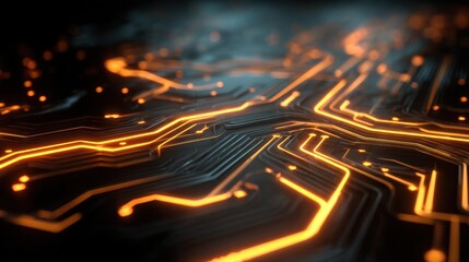 Abstract close-up view of glowing circuit board with orange lines and digital patterns, representing technology and innovation in modern connectivity
