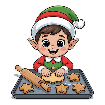 Cute Christmas Elf Baking Cookies with Rolling Pin and Tray