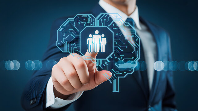 Businessman pointing at team symbol inside AI brain circuit board design