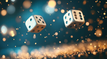Floating dice roll against a shimmering background with soft bokeh effects