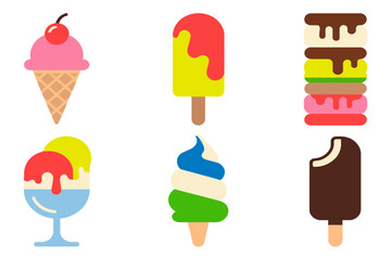 Frozen dessert icons featuring cone scoop, dripping popsicles, layered sandwich bar and twirl pop, sundae glass, summer treat collection, clean vector artwork