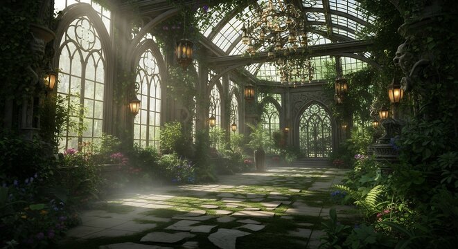Ornate greenhouse interior with gothic windows and lush vegetation, bathed in soft, diffused light. Concept for architectural visualization, fantasy book illustration, and romantic destination