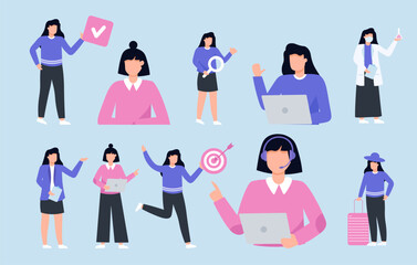 Collage Of Young Women In Pink And Purple Outfits Engaging In Various Professional Activities. Set Collection Vector Illustration