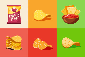 Snack chips assorted icons with branded bag, wavy crisps, dip bowl and tortilla chips, fast food menu graphics, modern colorful vector set