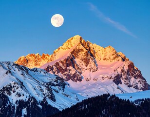 Majestic snow-capped mountain range bathed in golden sunrise hues, a full moon gleaming above.