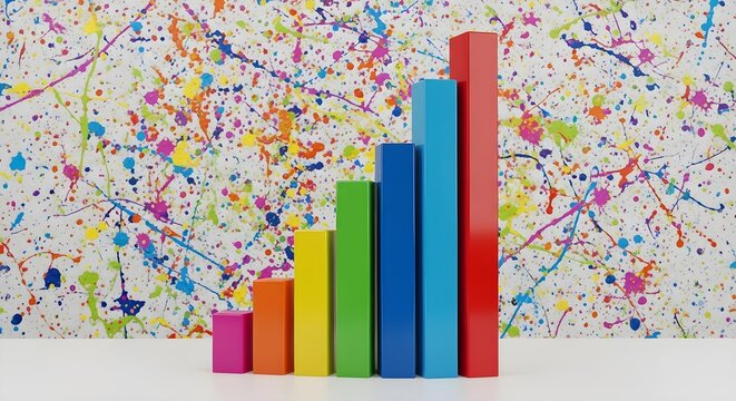 Colorful bar graph showing growth on a background of paint splatters