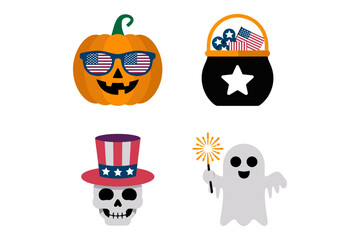 Halloween usa mashup set, pumpkin with flag sunglasses, candy cauldron badge, skull in stars and stripes hat, waving ghost, vector illustration, printable design, social media graphic
