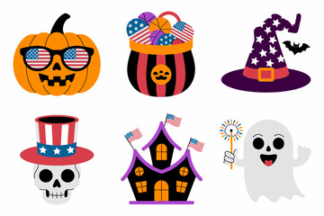 USA halloween icons collection featuring pumpkin with star glasses cauldron striped hat haunted house skull in Uncle Sam hat and smiling ghost