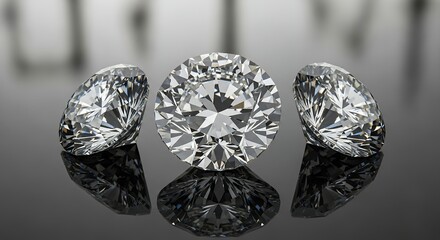 Three brilliant round cut diamonds lying on reflective black surface with soft studio lighting. Concept for jewelry design, investment asset, and luxury goods advertisement