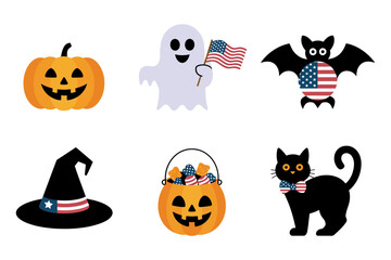 Halloween and USA mix icons with pumpkin ghost bat holding flag witch hat candy bucket and black cat perfect for party graphics