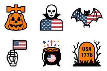 Patriotic halloween emblem set pumpkin sign skull with flag torso bat wings American flag lantern cauldron and USA 1776 tombstone elements