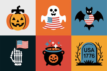 Square grid halloween and USA icons pumpkin ghost bat skeleton hand cauldron and tombstone bold patriotic blocks for posters and social