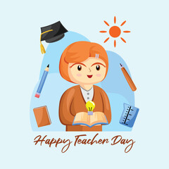 Teacher Day with Bright Cute Cartoon People, Stationery Element and Background