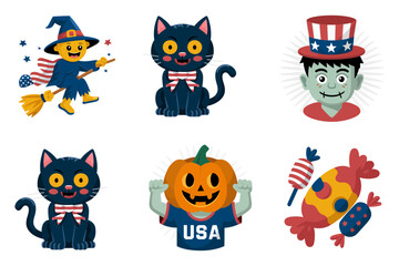 Halloween usa icons, witch and black cat, pumpkin badge with usa text, vampire head and candy, festive celebration set, vector illustration, sticker pack, isolated on white, family friendly design