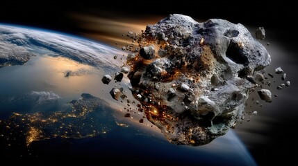 Fiery asteroid entering Earth atmosphere with glowing fragments breaking apart across dramatic night sky.