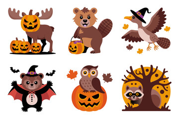 Fototapeta premium Forest animals halloween collection, baby bear with candy bucket, beaver and owl vampire, bird in flight, carved pumpkins, fall leaves, vector stickers, kids graphic, white background