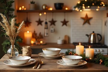 Cozy, comfortable interior design, decorated for the holiday of the New Year. Kitchen countertop with New Year's dishes, decorations, candles. 3d rendering.