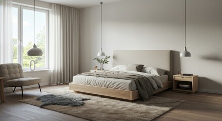 Modern Bedroom Interior with Bed Rug and Window Light.