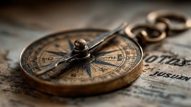 Closeup of Vintage Compass with Chain Resting on Old Map in Warm Light