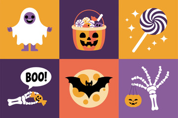 Halloween square icons set, friendly ghost pumpkin candy bucket spiral lollipop bat and boo speech, playful vector grid for invitations and posts