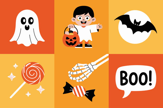 Halloween grid illustration, ghost and child with pumpkin bucket, bat silhouette, swirl lollipop, skeleton hand, boo speech bubble, kid friendly vector