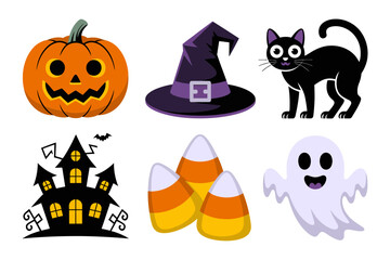 Classic Halloween icons set, pumpkin witch hat black cat haunted house candy corn and ghost, vector clipart for posters cards and stickers
