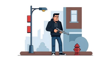 Urban Crime Scene: Armed Man on City Street