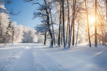 Winter Wonderland: Sunlit Snow Path Through Frosty Forest