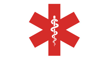Obraz premium A vibrant red Star of Life symbol, featuring the classic Rod of Asclepius with a coiled snake, represents emergency medical services in a clean vector graphic.