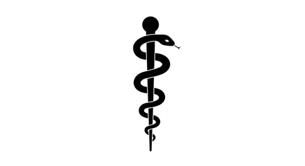 A black and white vector illustration of a Rod of Asclepius, a medical symbol featuring a serpent coiled around a staff, perfect for healthcare and pharmaceutical designs on a white background.