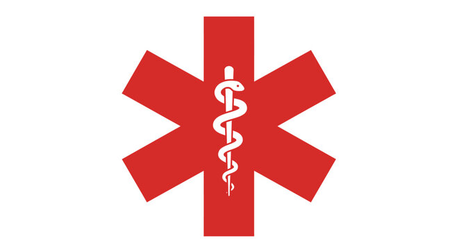 A vibrant red Star of Life symbol, featuring the classic Rod of Asclepius with a coiled snake, represents emergency medical services in a clean vector graphic.