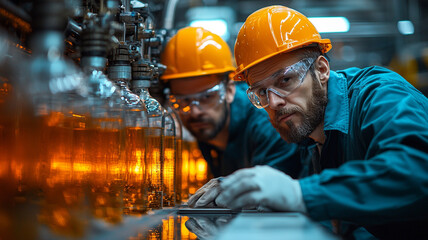 Focused Factory Workers Inspecting Amber Liquid in Glass Bottles