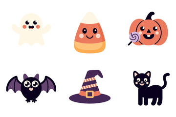 Cute halloween icons row, ghost candy corn pumpkin bat witch hat black cat, minimal white background, vector clipart, sticker pack, clean design, kids friendly