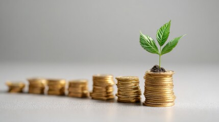 Growth Concept with Green Plant Emerging from Stacked Golden Coins Symbolizing Financial Investment and Prosperity in Business Strategy and Success