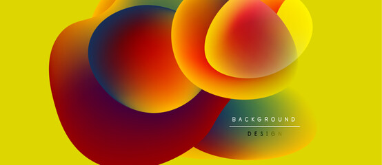 Abstract fluid shapes overlap yellow backdrop. Vibrant colors blend, creating dynamic visual effect. Modern design element.
