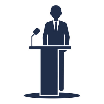 recommend clip art: Simple dark blue silhouette of a man speaking at a podium on a white background speaker microphone