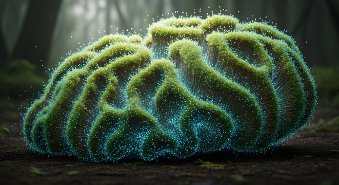 A surreal, moss-covered brain-like structure glowing with ethereal blue light on a forest floor.
