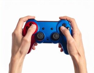 Game console on hand isolated white background. Red Blue Gaming console. Wireless gam