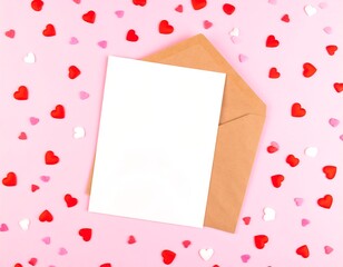 Blank card and envelope on pink background with hearts