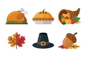 Fall feast icons collection, turkey with garnish, pie and cornucopia, maple leaf pilgrim hat acorn, thanksgiving vector set, family celebration graphics